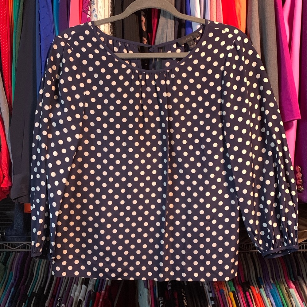 J. Crew Navy & White Polka Dot Silk Blouse Sz 0